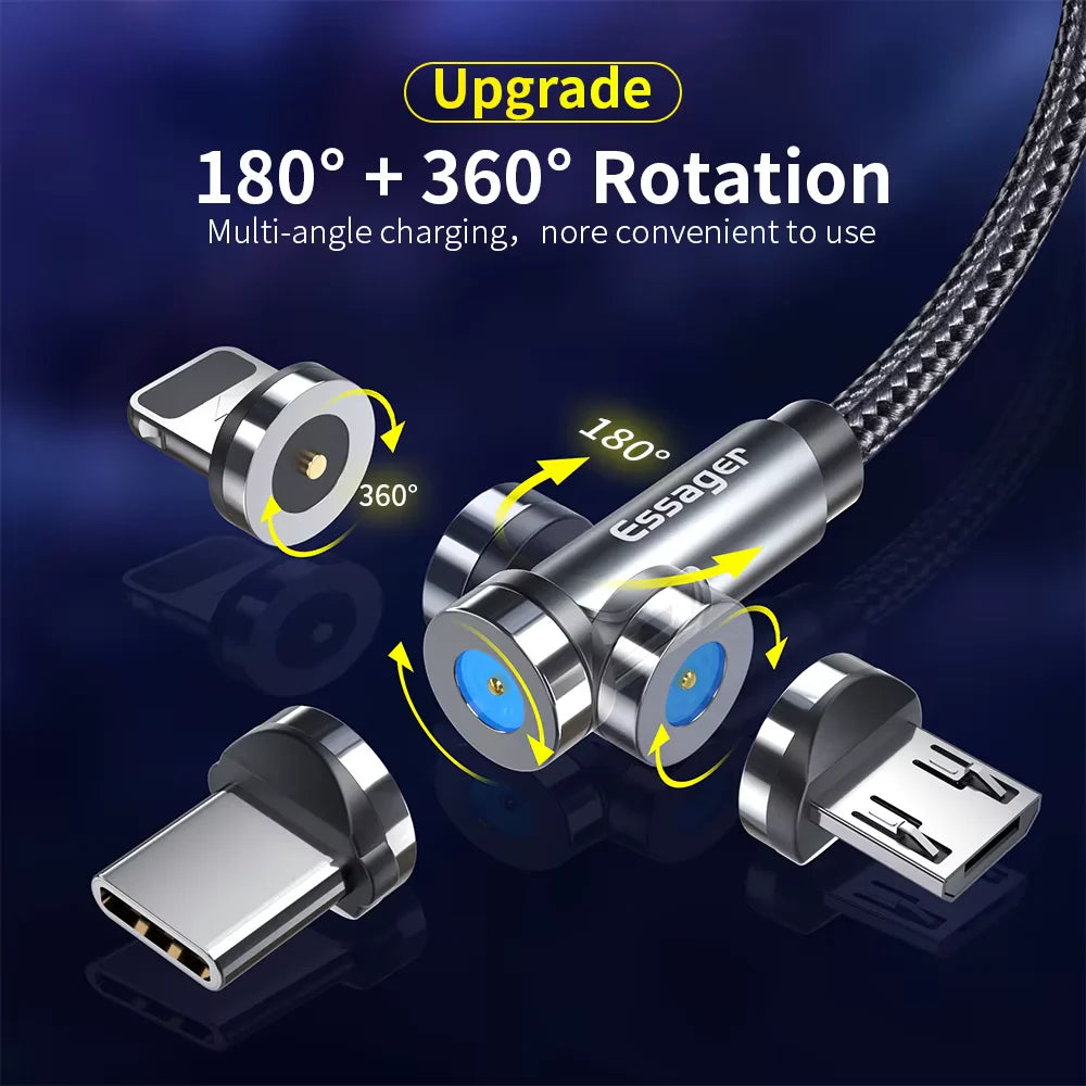 540° Rotating Magnetic Fast Charging Cable for Micro USB and Type C Devices, Compatible with Iphone and Xiaomi