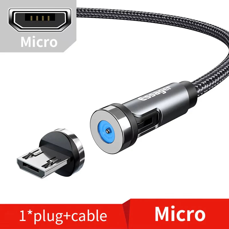 540° Rotating Magnetic Fast Charging Cable for Micro USB and Type C Devices, Compatible with Iphone and Xiaomi