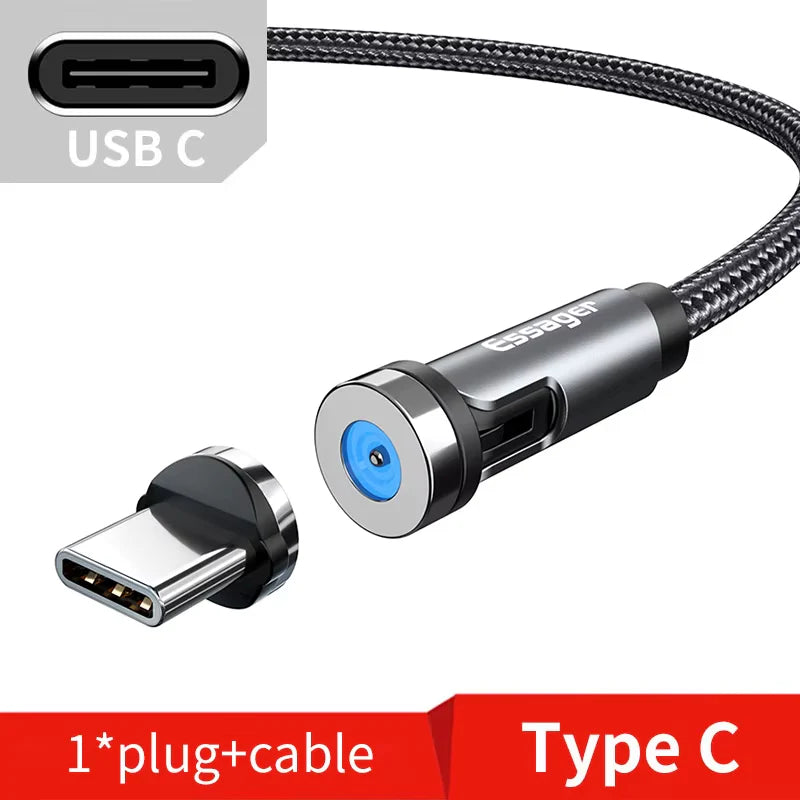 540° Rotating Magnetic Fast Charging Cable for Micro USB and Type C Devices, Compatible with Iphone and Xiaomi